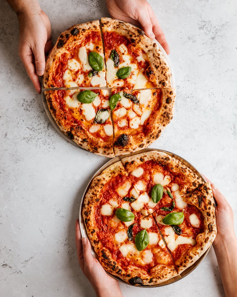 Delicious Margherita pizzas with basil leaves held by hands on a rustic gray table.