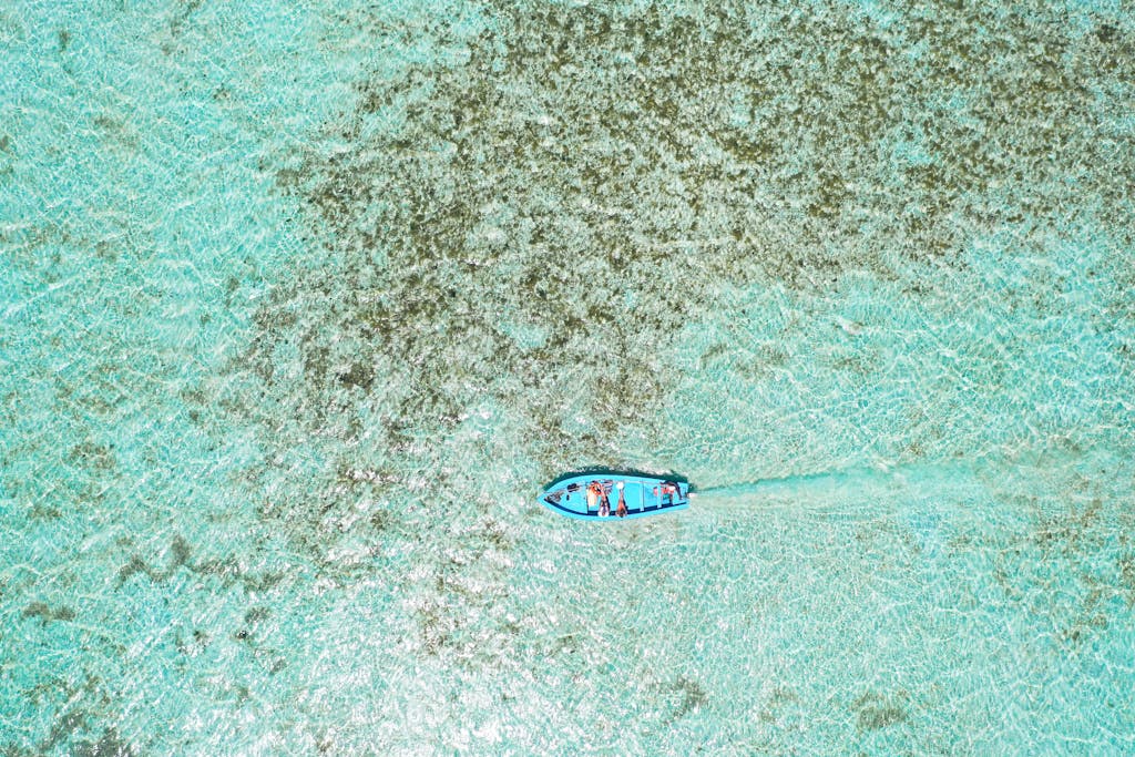 Drone shot of a boat sailing on clear turquoise waters in Rodrigues District, Mauritius.